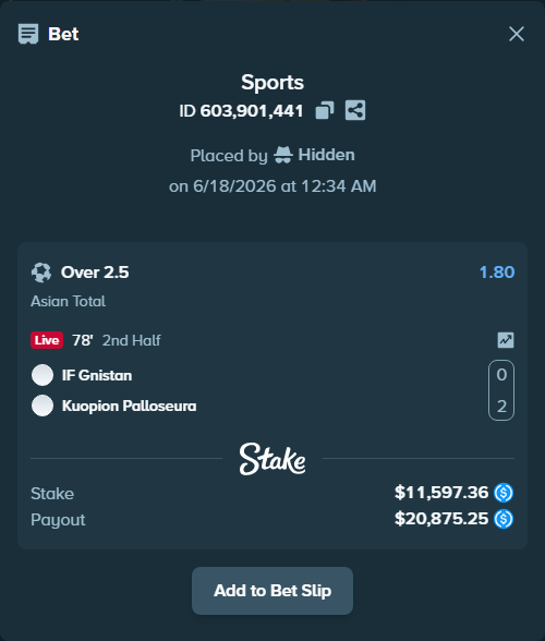 Bet slip: IF Gnistan - Kuopion Palloseura, $11,597.36 stake at 1.80 odds, placed by Hidden