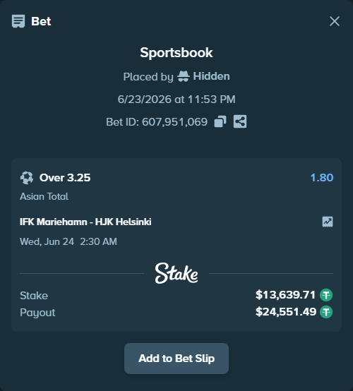 Bet slip: IFK Mariehamn - HJK Helsinki, $13,653.35 stake at 1.80 odds, placed by Hidden