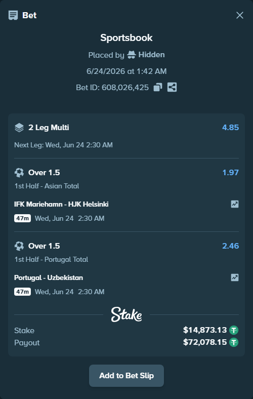 Bet slip: IFK Mariehamn - HJK Helsinki, $14,888.00 stake at 1.97 odds, placed by Hidden