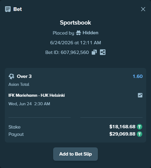 Bet slip: IFK Mariehamn - HJK Helsinki, $18,186.84 stake at 1.60 odds, placed by Hidden