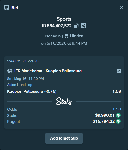 Bet slip: IFK Mariehamn - Kuopion Palloseura, $10,000.00 stake at 1.58 odds, placed by Hidden