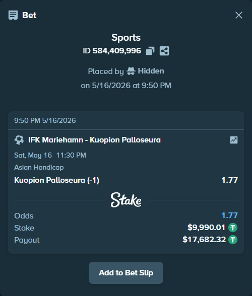 Bet slip: IFK Mariehamn - Kuopion Palloseura, $10,000.00 stake at 1.77 odds, placed by Hidden
