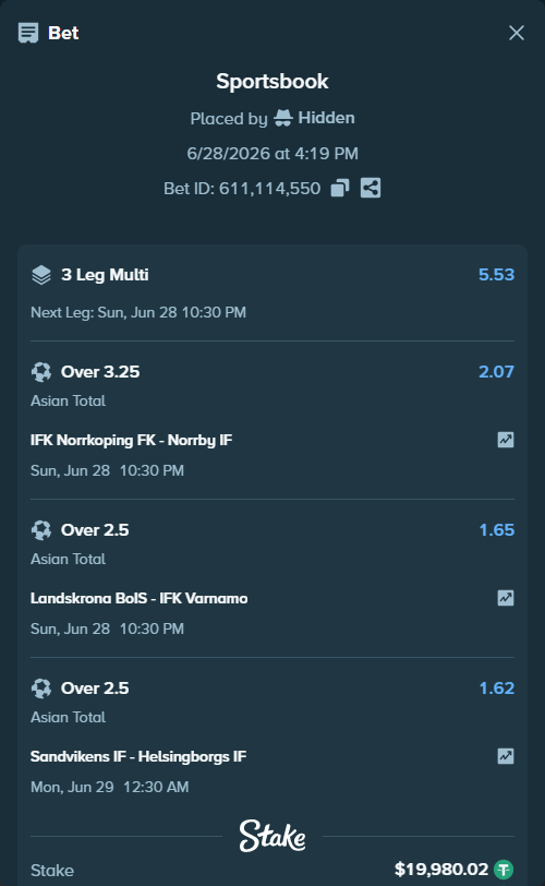 Bet slip: IFK Norrkoping FK - Norrby IF, $20,000.00 stake at 2.07 odds, placed by Hidden