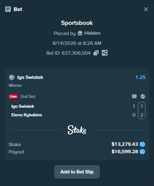 Bet slip: Iga Swiatek - Elena Rybakina, $13,279.43 stake at 1.25 odds, placed by Hidden
