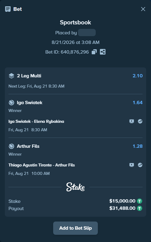 Bet slip: Iga Swiatek - Elena Rybakina, $15,000.00 stake at 1.64 odds, placed by Mopsik33