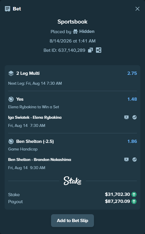 Bet slip: Iga Swiatek - Elena Rybakina, $31,734.00 stake at 1.48 odds, placed by Hidden