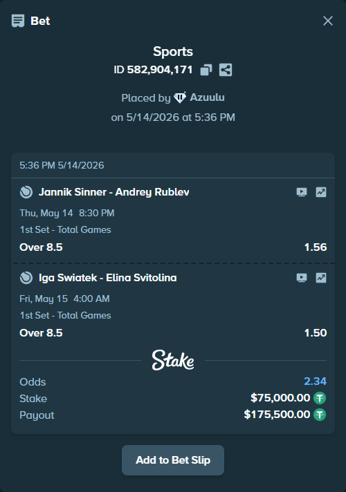 Bet slip: Iga Swiatek - Elina Svitolina, $75,000.00 stake at 1.50 odds, placed by Azuulu