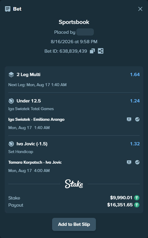 Bet slip: Iga Swiatek - Emiliana Arango, $10,000.00 stake at 1.24 odds, placed by kaeem