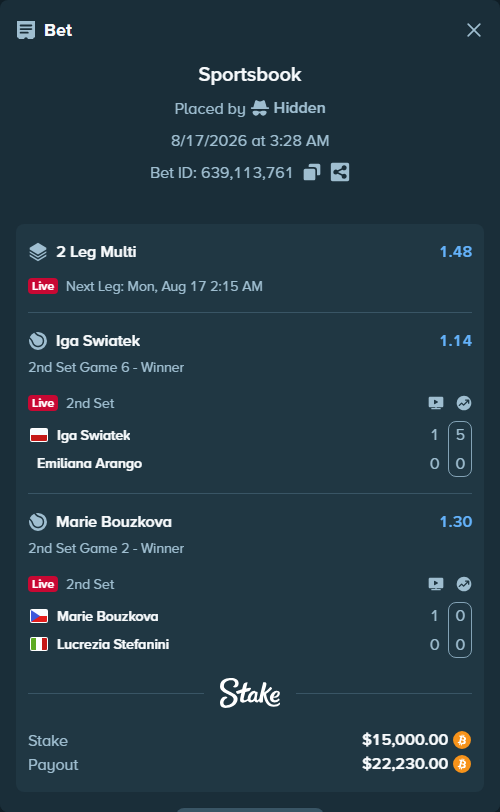 Bet slip: Iga Swiatek - Emiliana Arango, $15,008.44 stake at 1.14 odds, placed by Hidden
