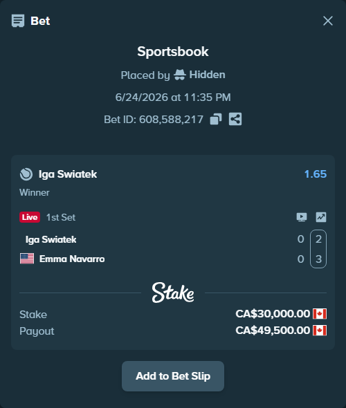 Bet slip: Iga Swiatek - Emma Navarro, $22,200.00 stake at 1.65 odds, placed by Hidden