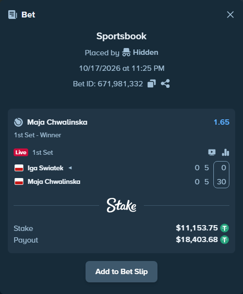 Bet slip: Iga Swiatek - Maja Chwalinska, $11,164.90 stake at 1.65 odds, placed by WinTr10