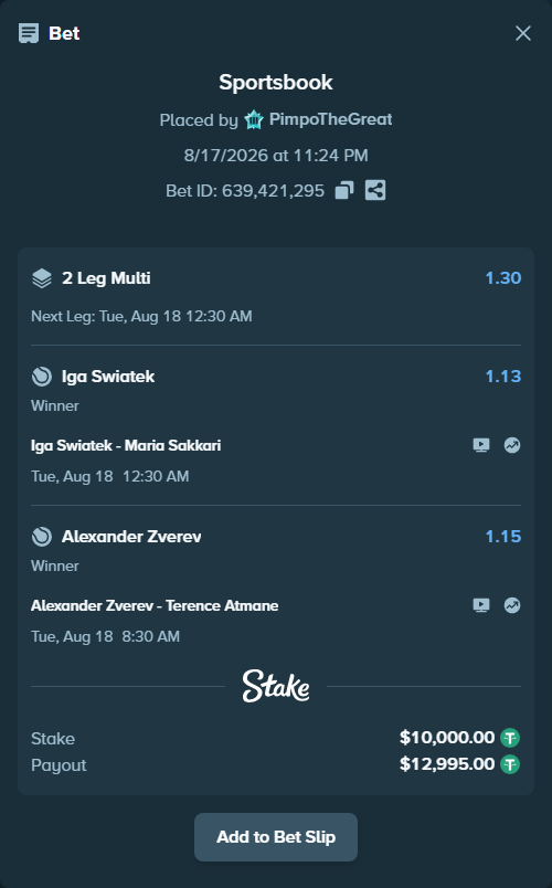 Bet slip: Iga Swiatek - Maria Sakkari, $10,010.00 stake at 1.13 odds, placed by PimpoTheGreat