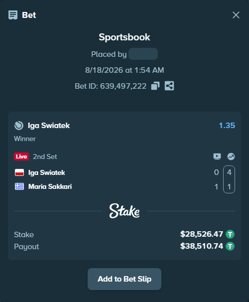 Bet slip: Iga Swiatek - Maria Sakkari, $28,555.00 stake at 1.35 odds, placed by diomancy