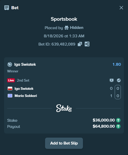 Bet slip: Iga Swiatek - Maria Sakkari, $36,036.00 stake at 1.80 odds, placed by Hidden