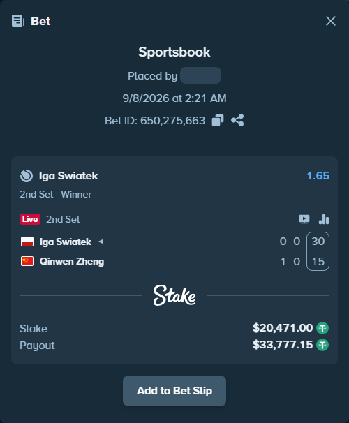 Bet slip: Iga Swiatek - Qinwen Zheng, $20,471.00 stake at 1.65 odds, placed by RyazheniyPetuh
