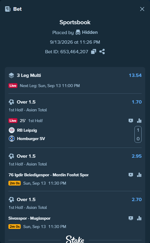 Bet slip: Igdir FK - Mardin 1969 Spor, $15,000.00 stake at 2.95 odds, placed by Hidden