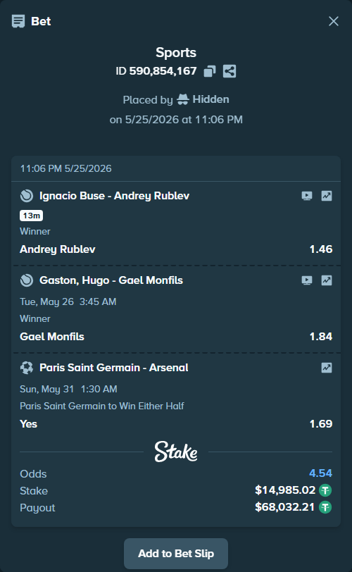 Bet slip: Ignacio Buse - Andrey Rublev, $15,000.00 stake at 1.46 odds, placed by Hidden