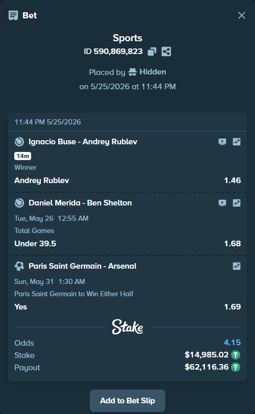 Bet slip: Ignacio Buse - Andrey Rublev, $15,000.00 stake at 1.46 odds, placed by Hidden