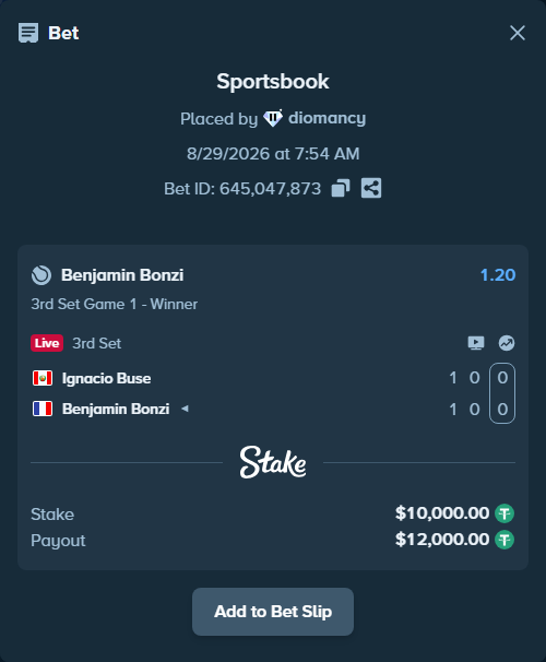 Bet slip: Ignacio Buse - Benjamin Bonzi, $10,000.00 stake at 1.20 odds, placed by diomancy