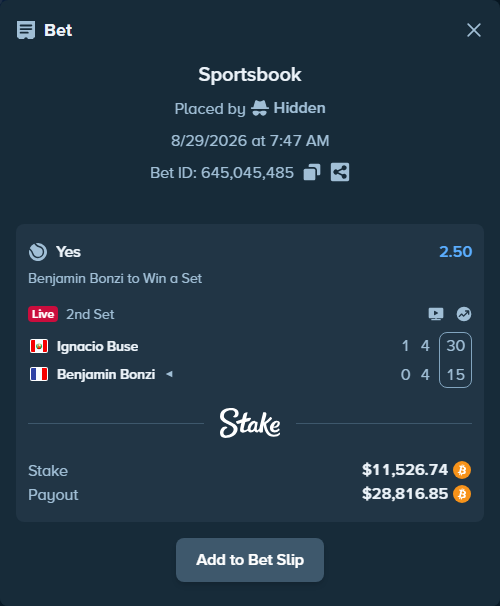 Bet slip: Ignacio Buse - Benjamin Bonzi, $11,571.21 stake at 2.50 odds, placed by Hidden