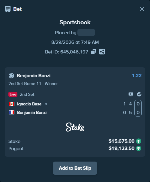 Bet slip: Ignacio Buse - Benjamin Bonzi, $15,675.00 stake at 1.22 odds, placed by diomancy