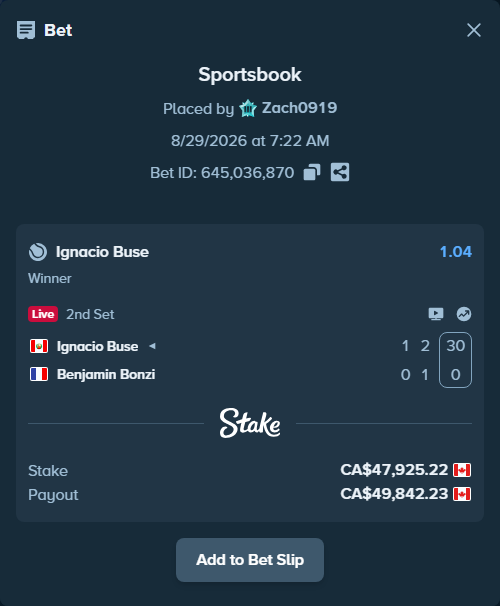 Bet slip: Ignacio Buse - Benjamin Bonzi, $35,464.66 stake at 1.04 odds, placed by Zach0919