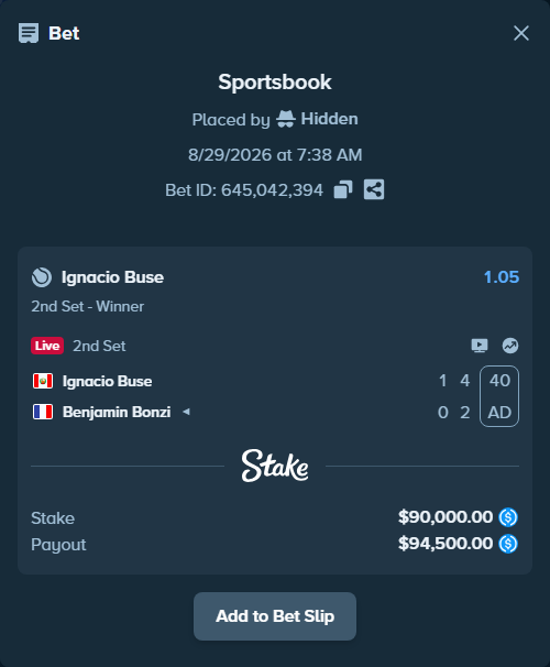 Bet slip: Ignacio Buse - Benjamin Bonzi, $90,000.00 stake at 1.05 odds, placed by Hidden