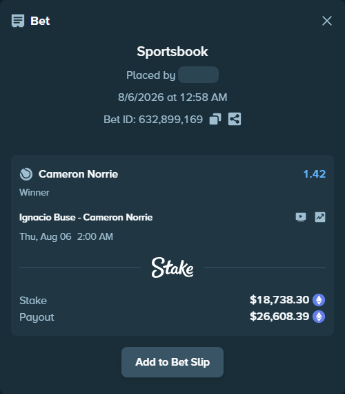 Bet slip: Ignacio Buse - Cameron Norrie, $19,026.10 stake at 1.42 odds, placed by Eston8150
