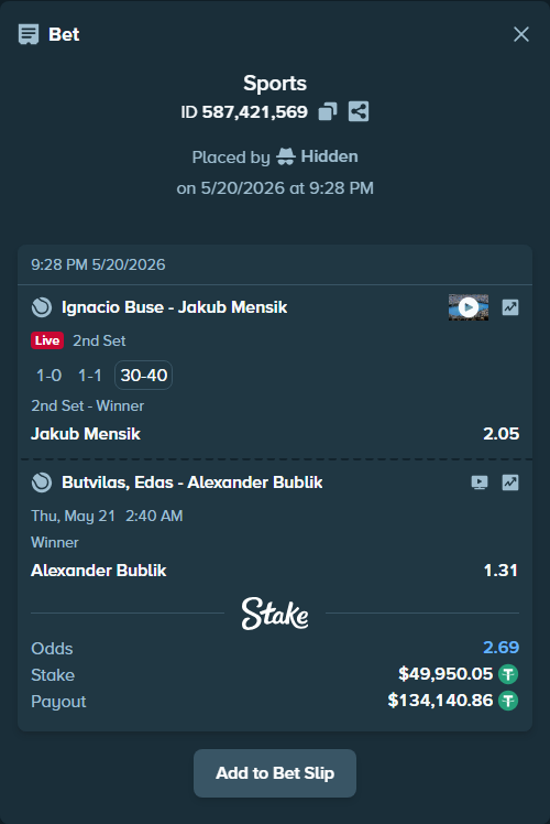 Bet slip: Ignacio Buse - Jakub Mensik, $50,000.00 stake at 2.05 odds, placed by Hidden