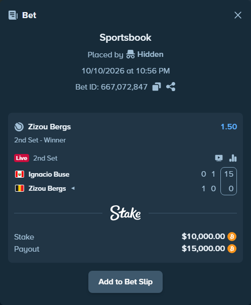 Bet slip: Ignacio Buse - Zizou Bergs, $9,996.56 stake at 1.50 odds, placed by Dzokoichoi
