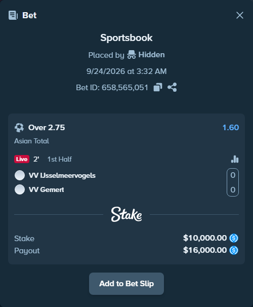Bet slip: IJsselmeervogels - VV Gemert, $10,000.00 stake at 1.60 odds, placed by Hidden