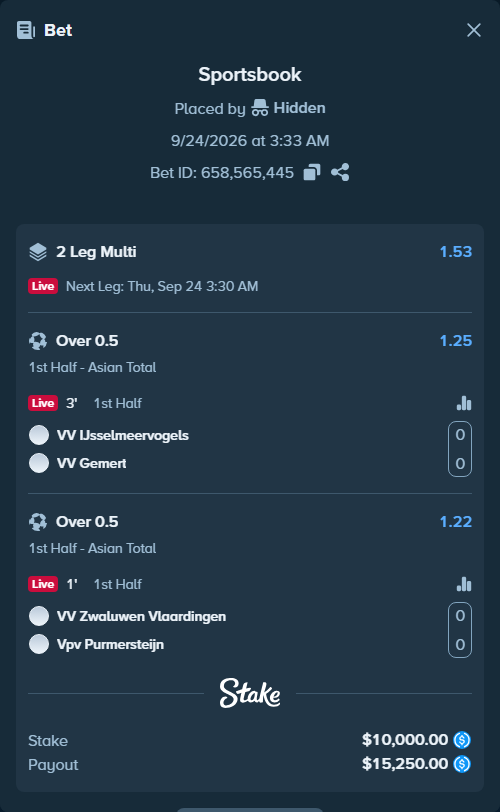 Bet slip: IJsselmeervogels - VV Gemert, $10,000.00 stake at 1.25 odds, placed by Hidden