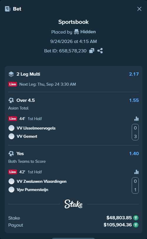 Bet slip: IJsselmeervogels - VV Gemert, $48,803.85 stake at 1.55 odds, placed by Hidden