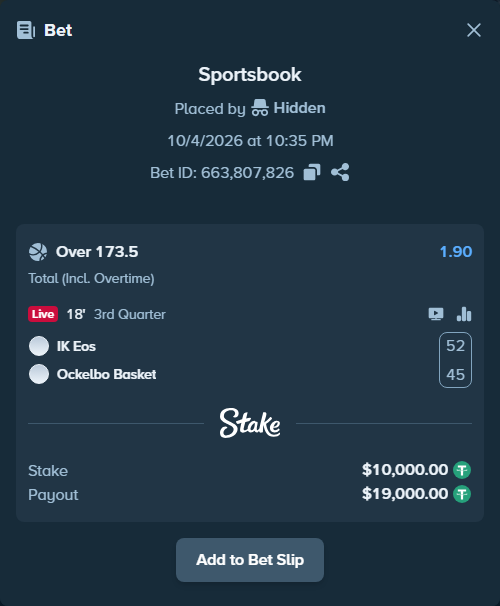 Bet slip: IK Eos - Ockelbo Basket, $10,000.00 stake at 1.90 odds, placed by Hidden