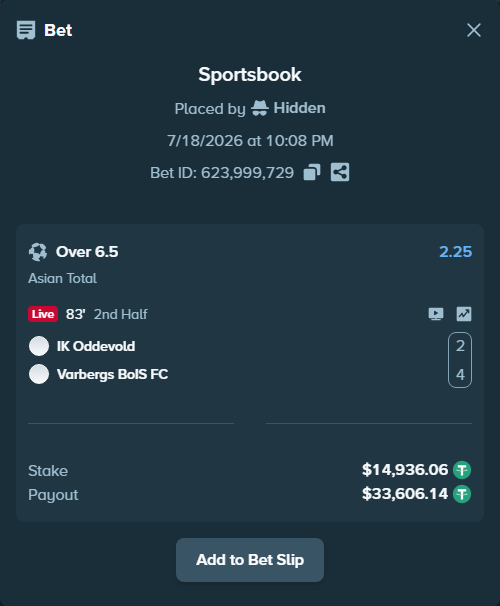 Bet slip: IK Oddevold - Varbergs BoIS, $14,951.00 stake at 2.25 odds, placed by Hidden