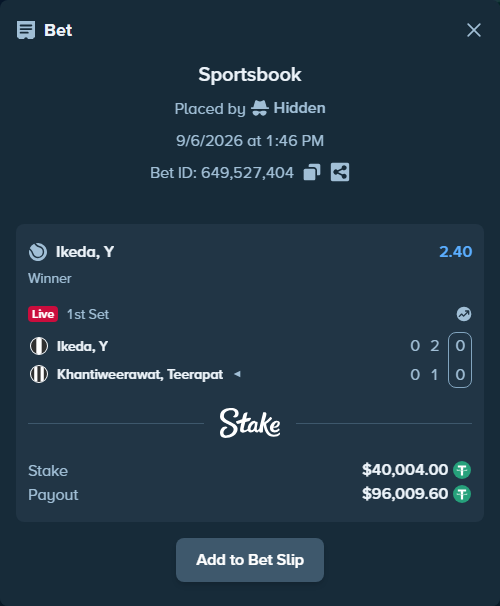 Bet slip: Ikeda, Y - Khantiweerawat, Teerapat, $40,000.00 stake at 2.40 odds, placed by Hidden