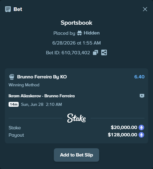 Bet slip: Ikram Aliaskerov - Brunno Ferreira, $21,707.05 stake at 6.40 odds, placed by Hidden