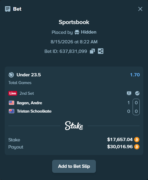 Bet slip: Ilagan, Andre - Tristan Schoolkate, $17,707.61 stake at 1.70 odds, placed by Hidden