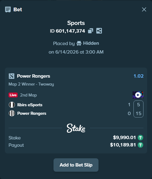 Bet slip: Ilbirs eSports - Power Rangers, $10,000.00 stake at 1.02 odds, placed by Hidden