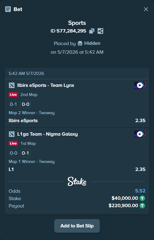 Bet slip: Ilbirs eSports - Team Lynx, $40,000.00 stake at 2.35 odds, placed by Hidden
