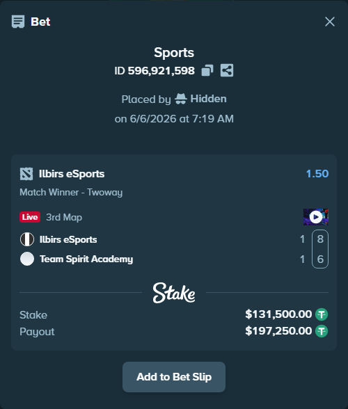 Bet slip: Ilbirs eSports - Team Spirit Academy, $131,500.00 stake at 1.50 odds, placed by Hidden