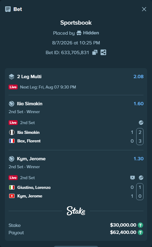 Bet slip: Ilia Simakin - Bax, Florent, $30,030.00 stake at 1.60 odds, placed by Hidden