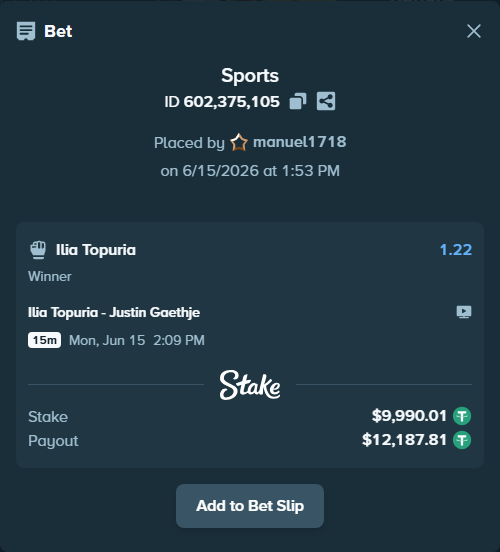 Bet slip: Ilia Topuria - Justin Gaethje, $10,000.00 stake at 1.22 odds, placed by manuel1718
