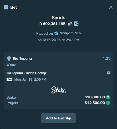 Bet slip: Ilia Topuria - Justin Gaethje, $10,010.00 stake at 1.25 odds, placed by MaryamRich