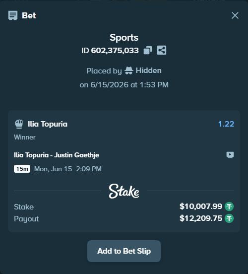 Bet slip: Ilia Topuria - Justin Gaethje, $10,018.00 stake at 1.22 odds, placed by Hidden