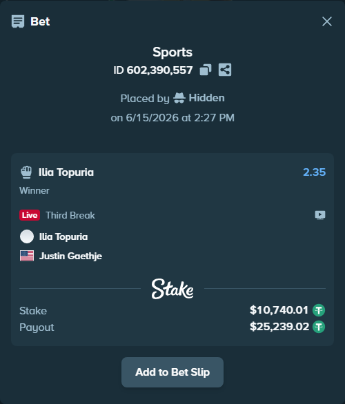 Bet slip: Ilia Topuria - Justin Gaethje, $10,750.75 stake at 2.35 odds, placed by Hidden