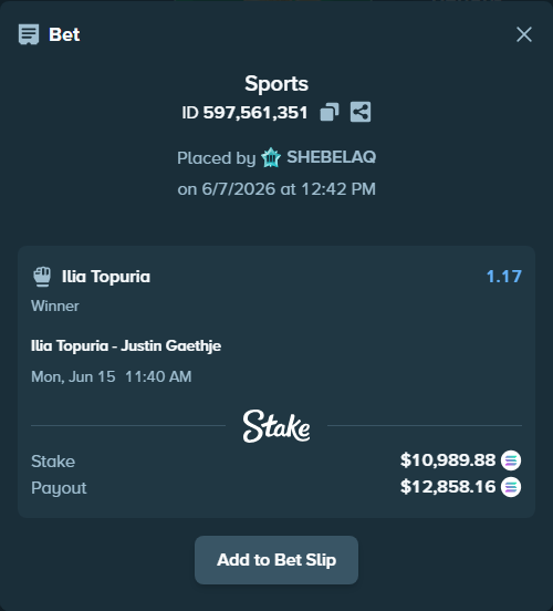 Bet slip: Ilia Topuria - Justin Gaethje, $12,714.65 stake at 1.17 odds, placed by SHEBELAQ