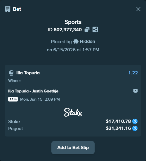 Bet slip: Ilia Topuria - Justin Gaethje, $17,410.78 stake at 1.22 odds, placed by Hidden