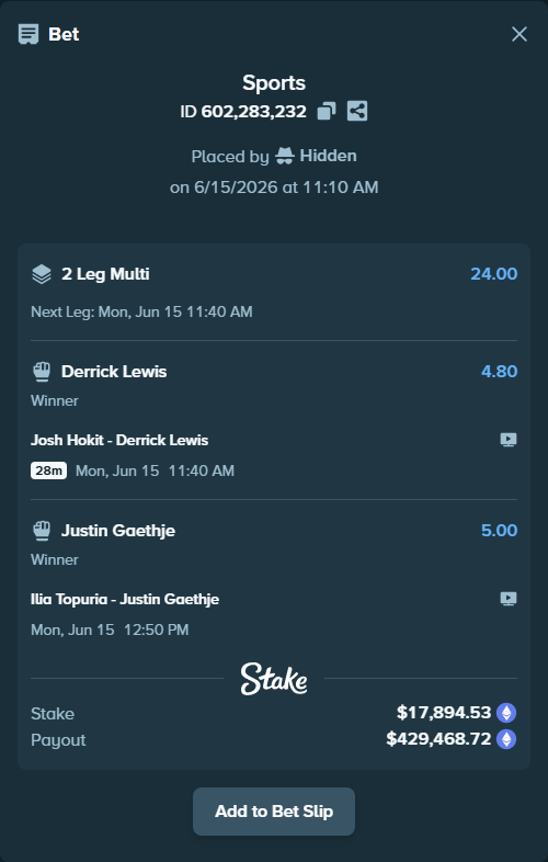Bet slip: Ilia Topuria - Justin Gaethje, $18,158.49 stake at 5.00 odds, placed by Hidden