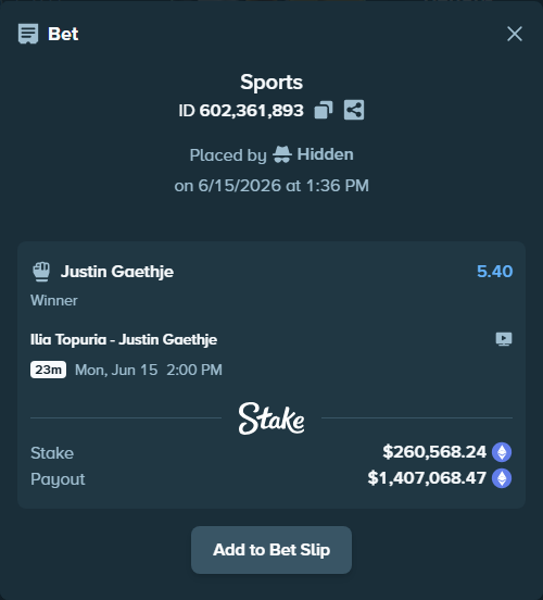 Bet slip: Ilia Topuria - Justin Gaethje, $262,694.53 stake at 5.40 odds, placed by Hidden